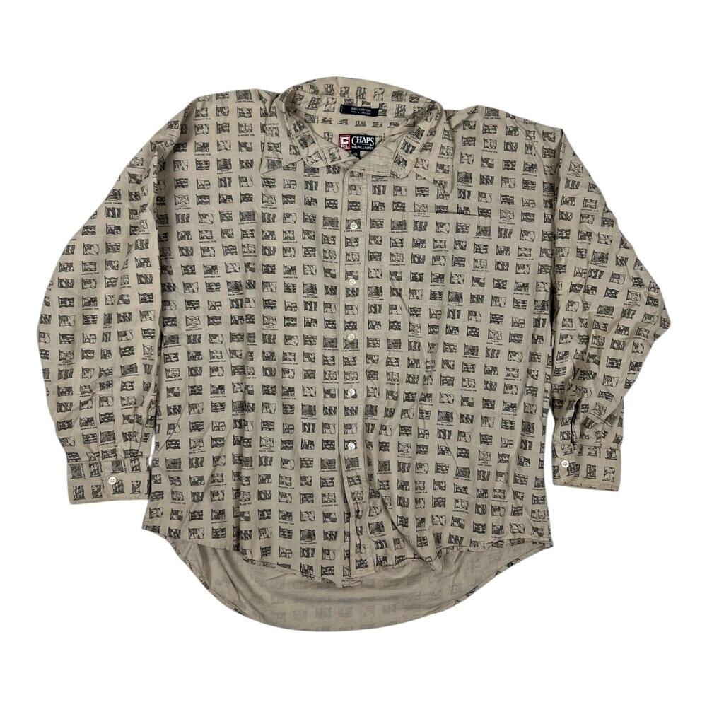 Vintage Chaps Ralph Lauren Shirt Mens 2XL Beige Flag Print Long Sleeve Button Up